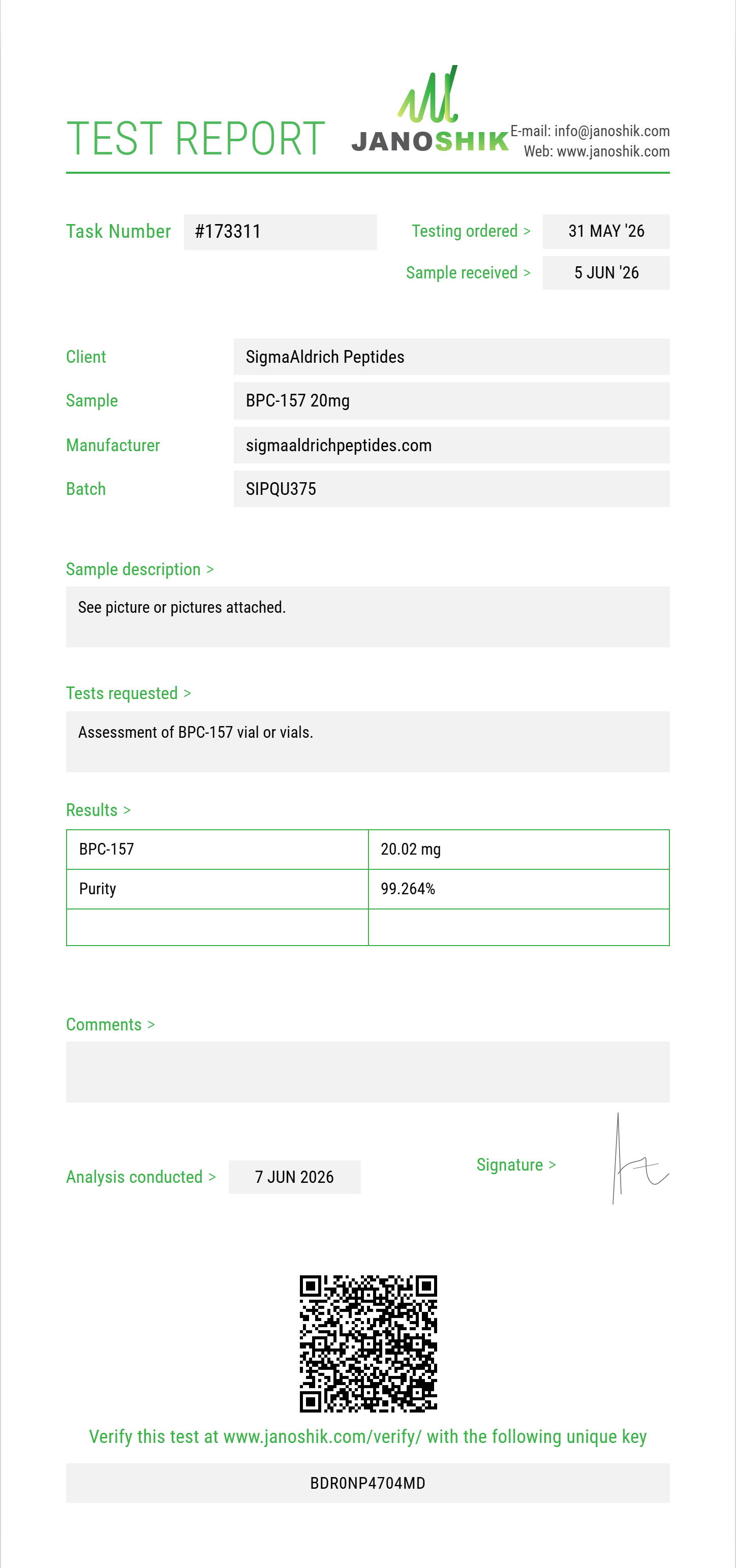 BPC-157 Purity (HPLC) report by Janoshik Analytical